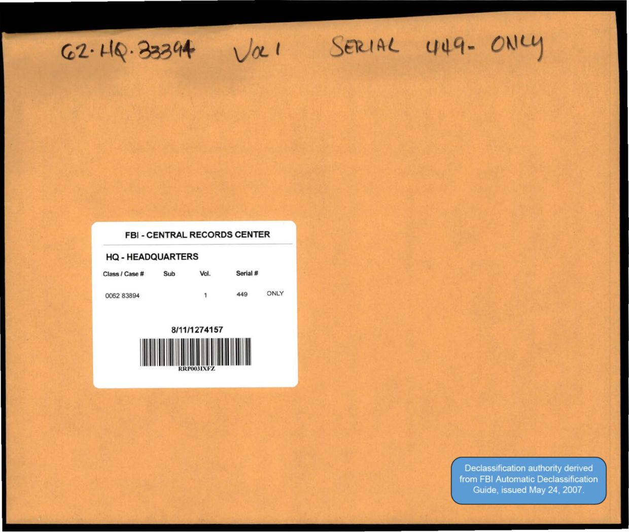 65 HS1-834228961 62-HQ-83894 Serial 449 — page 1