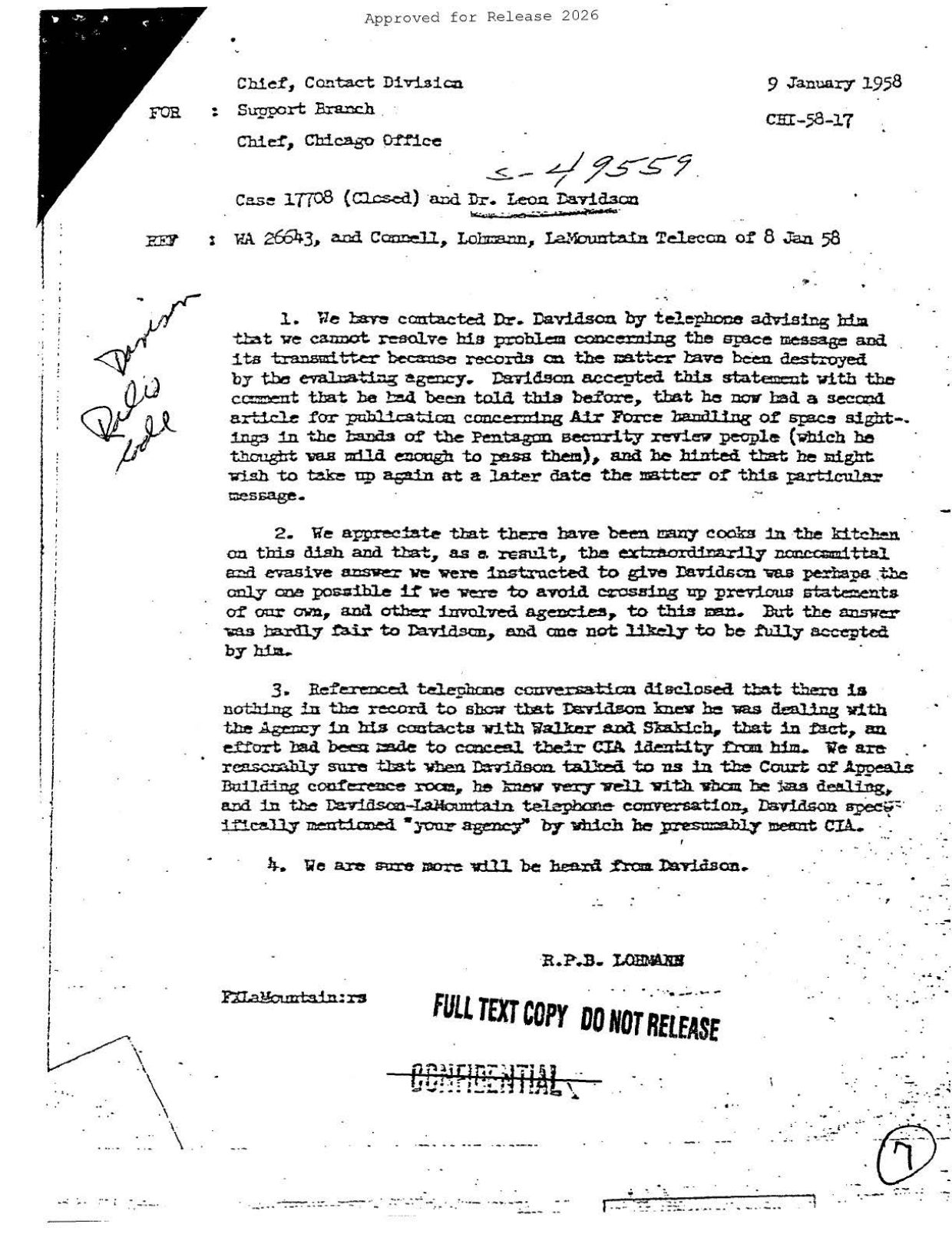 CIA-UAP-004-CASE 17708 CLOSED AND DR LEON DAVIDSON — page 1