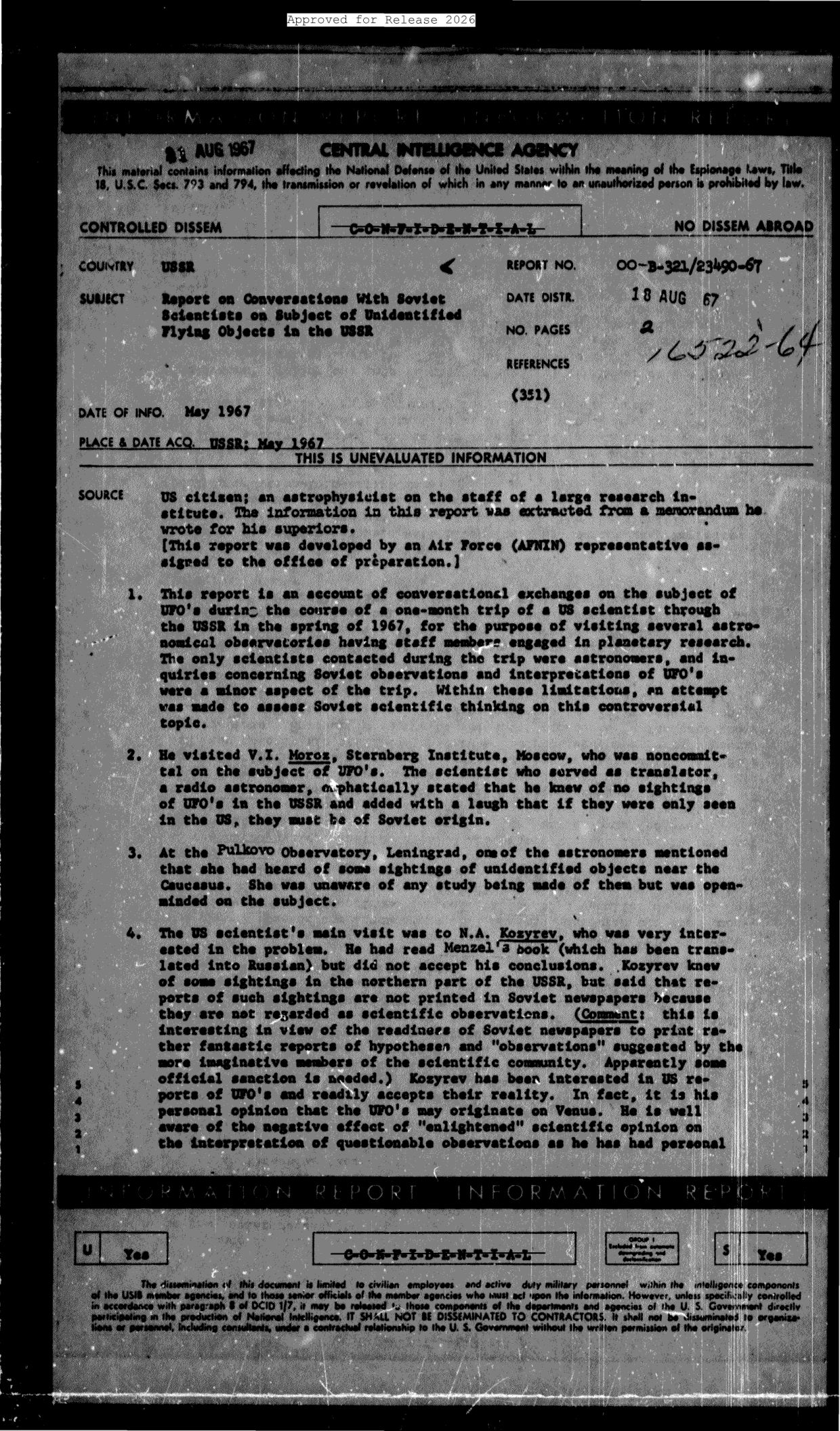 CIA-UAP-010 REPORT ON CONVERSATIONS WITH SOVIET SCIENTISTS ON SUBJECT OF UNIDENTIFIED FLYING OBJECTS IS THE USSR — page 1