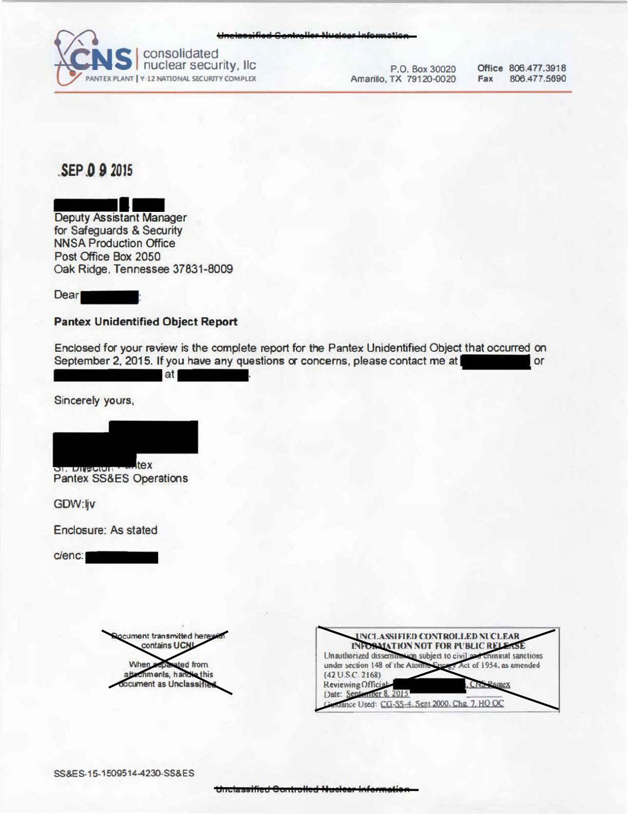 DOE-UAP-D005 Pantex-Unidentified-Object-Incident-Report 2015 — page 1