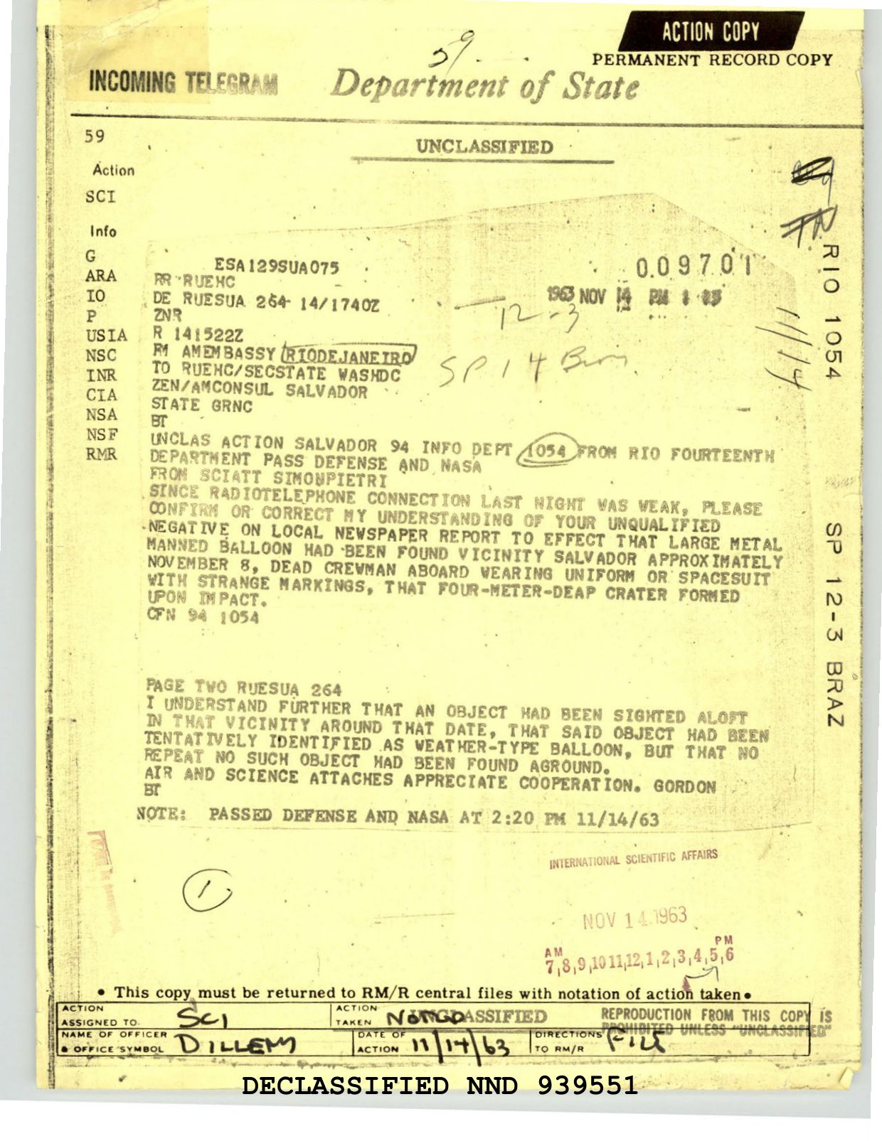 DOS-UAP-D001 Diplomatic-Cable Brazil November-14-1963 — page 1