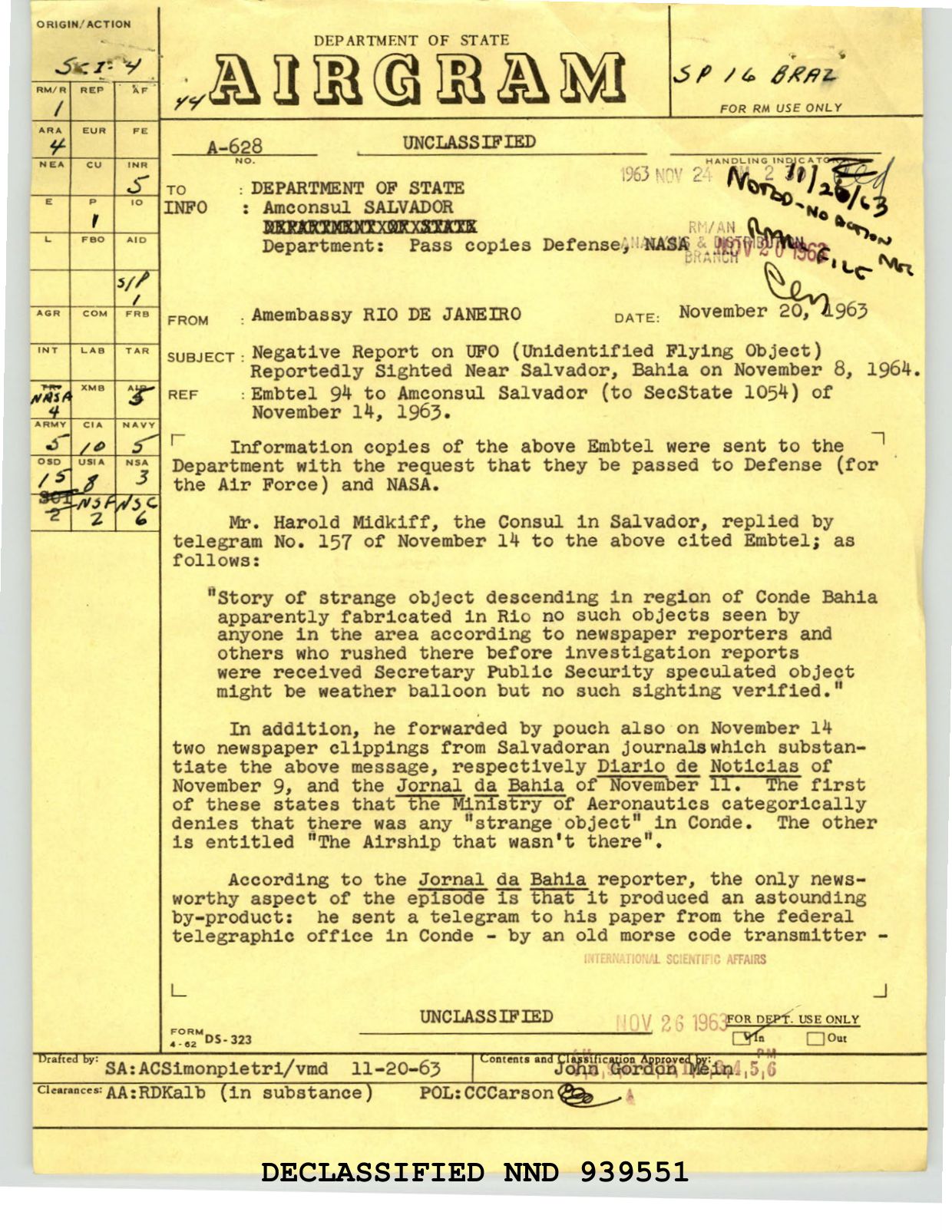DOS-UAP-D002 Diplomatic-Cable Brazil November-20-1963 — page 1