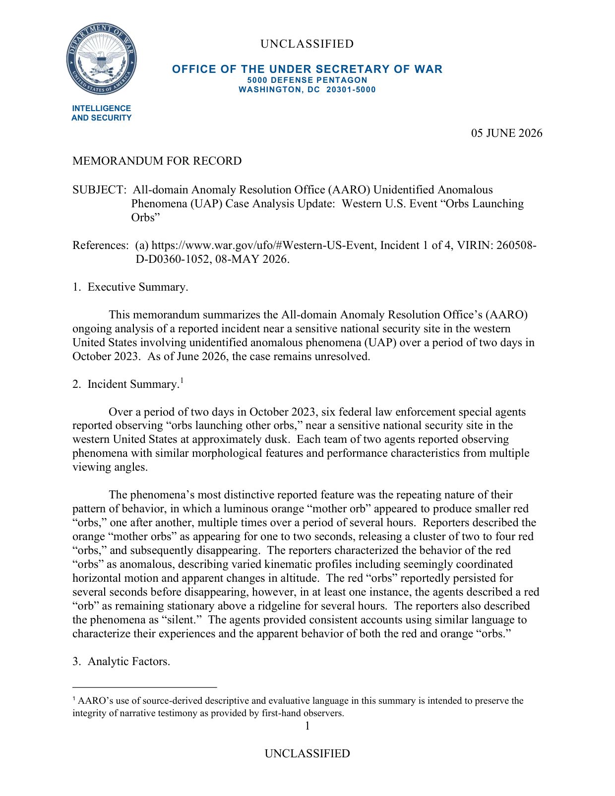 DOW-UAP-D077 Unresolved-Case-Analysis-Update Western-United-States-Event — page 1