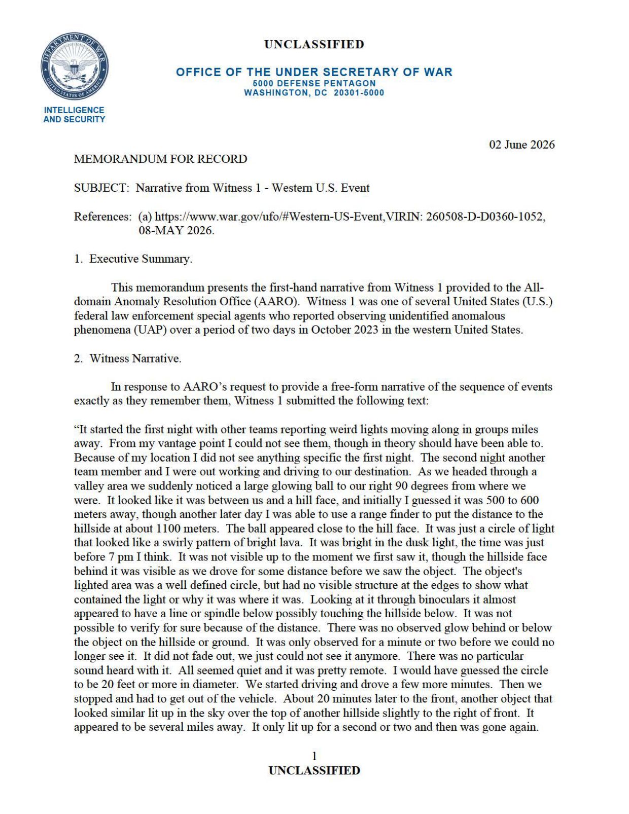 DoW-UAP-D079 Narrative-1 Western-US-Event — page 1