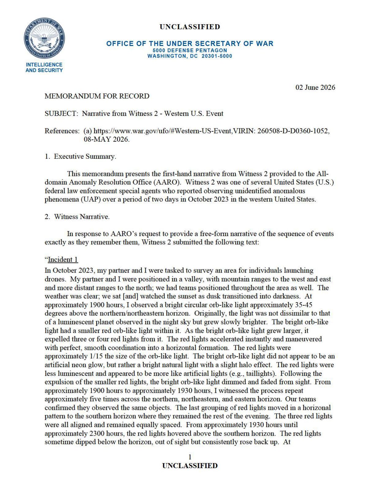 DoW-UAP-D080 Narrative-2 Western-US-Event — page 1