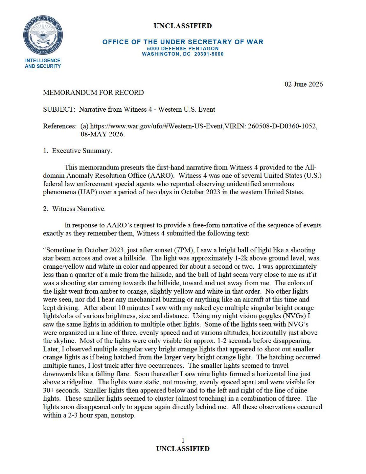 DoW-UAP-D082 Narrative-4 Western-US-Event — page 1