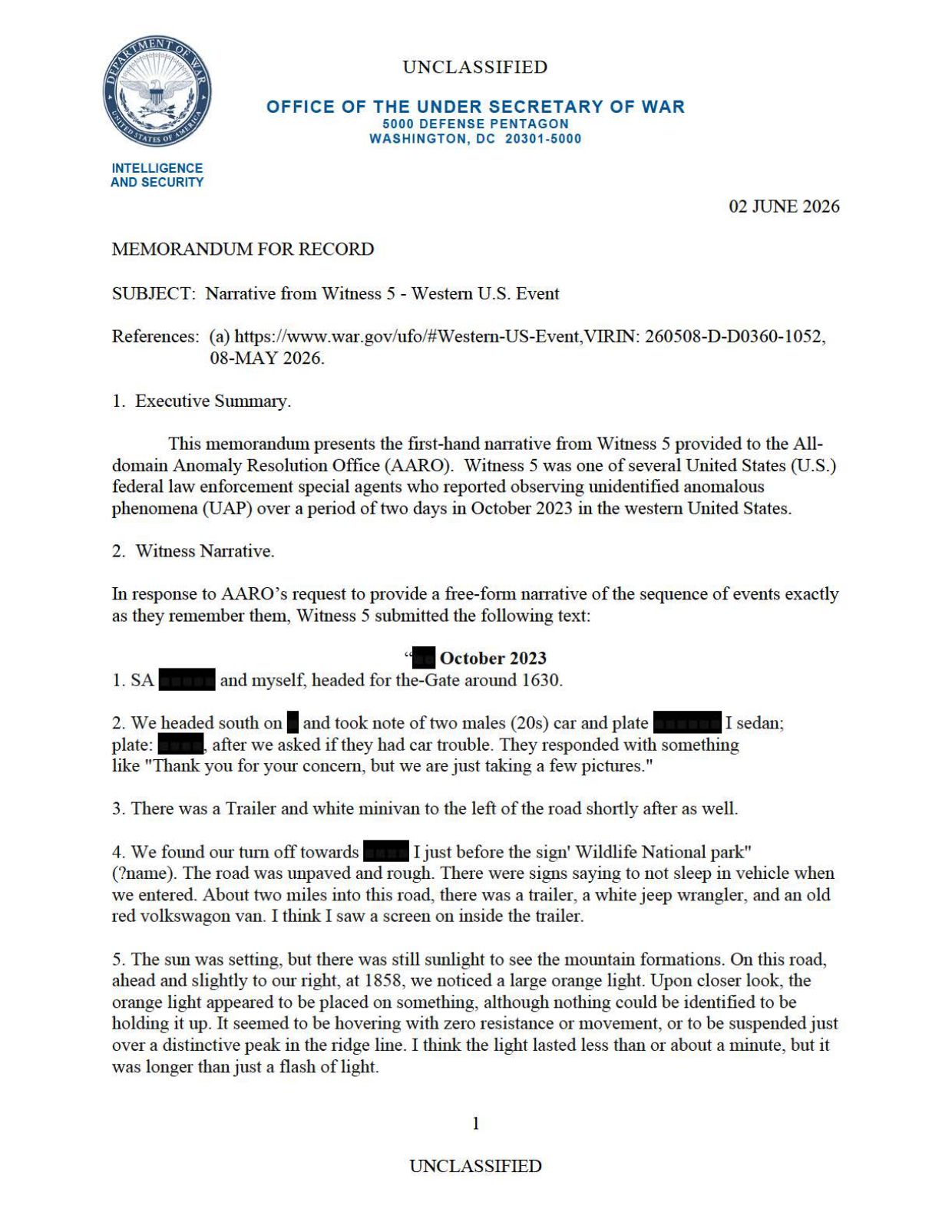 DoW-UAP-D083 Narrative-5 Western-US-Event — page 1