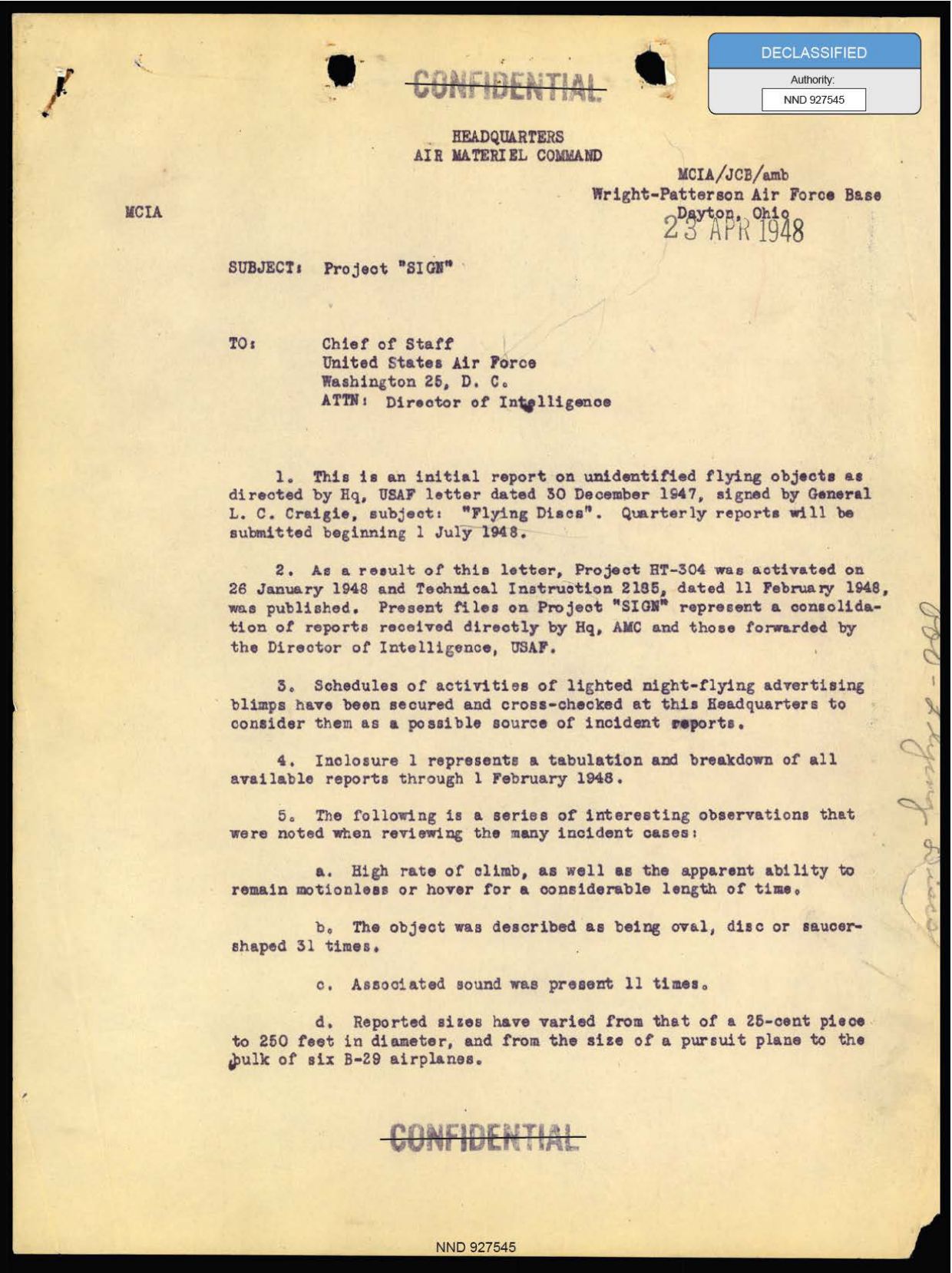 DOW-UAP-D097 Project-Sign-Progress-Report 1948 — page 1