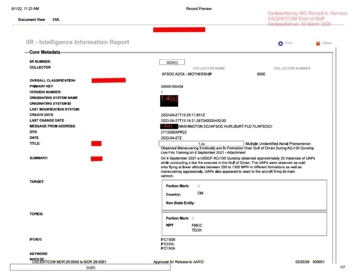 DOW-UAP-D101 IIR Unresolved-UAP-Report-Gulf-of-Oman 2021 — page 1