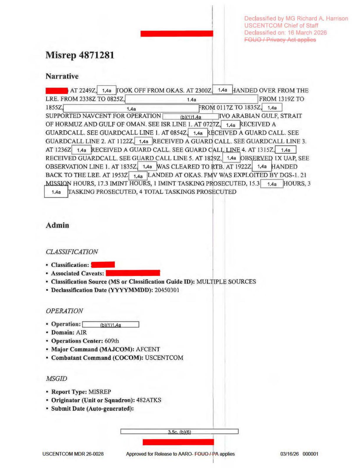 DOW-UAP-D63-Mission-Report-Strait-of-Hormuz-October-2020 — page 1