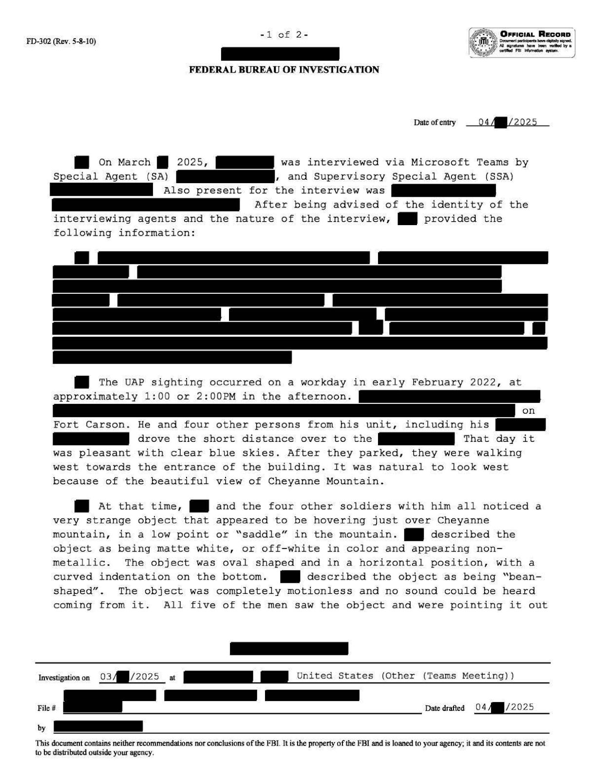 FBI-UAP-D001 FD-302 Unresolved-UAP-Report ColoradoSprings 2022 — page 1