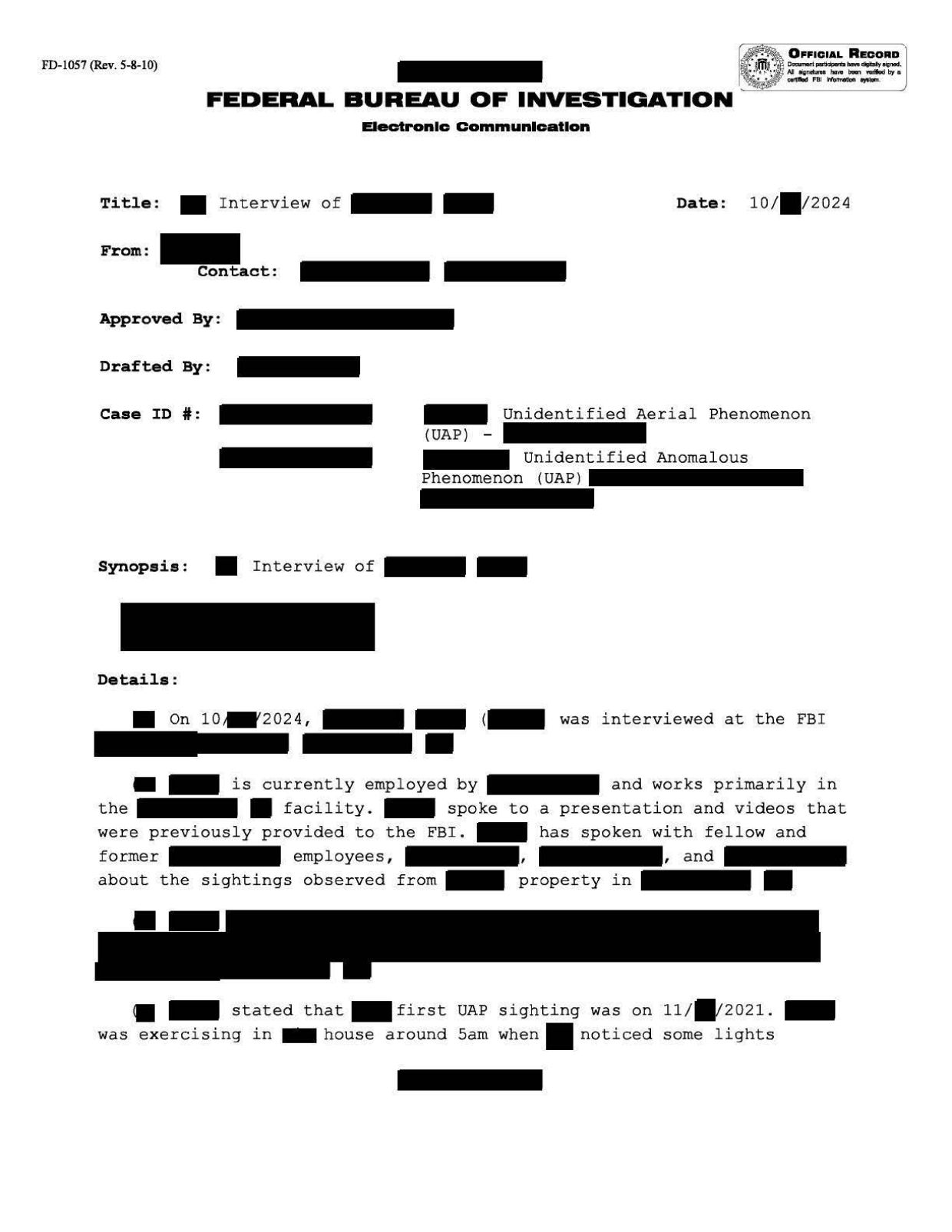 FBI-UAP-D005 FD-1057-04 Northeastern-US 2024 — page 1