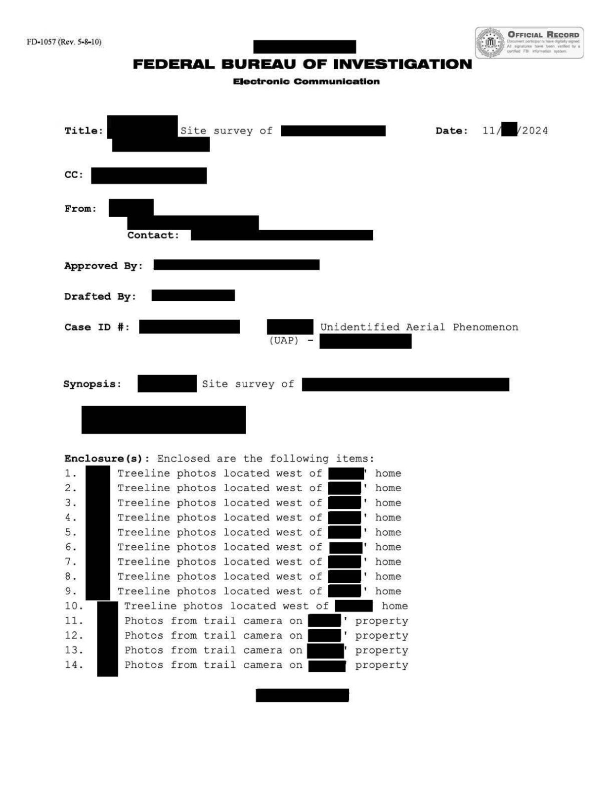 FBI-UAP-D006 FD-1057-05 Northeastern-US 2024 — page 1