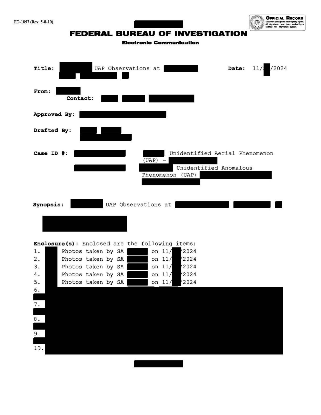 FBI-UAP-D007 FD-1057-06 Northeastern-US 2024 — page 1