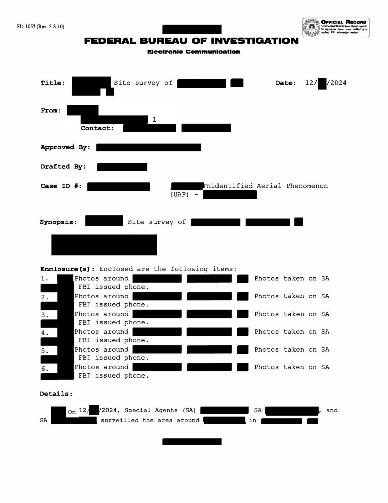 FBI-UAP-D008 FD-1057-07 Northeastern-US 2024 — page 1