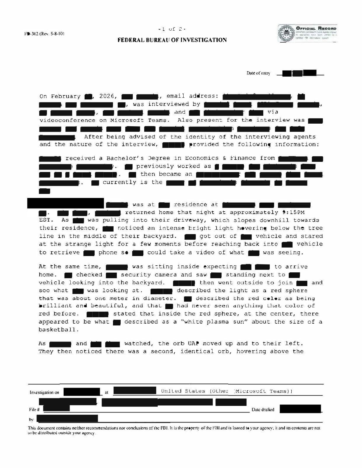 FBI-UAP-D009 FD-302-67 Northeastern-Orb-Sighting 2026 — page 1