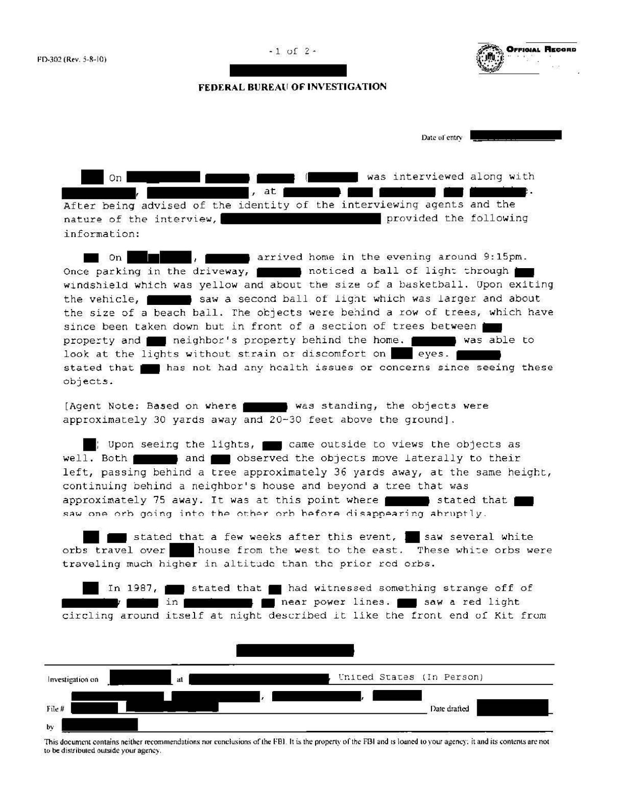 FBI-UAP-D010 FD-302-71 Northeastern-Orb-Sighting 2026 — page 1