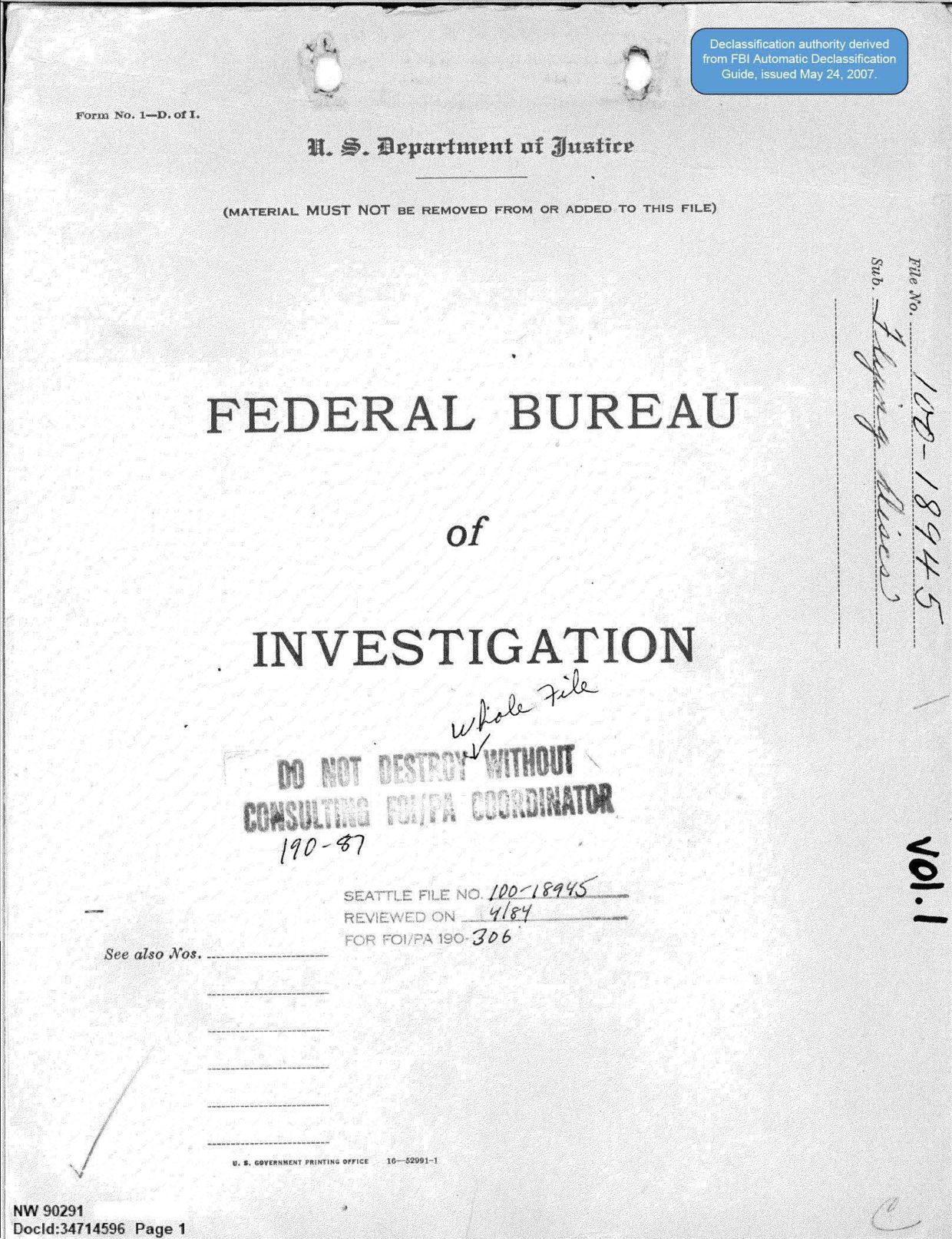FBI-UAP-D013 WA-UFO-Investigation 1952-1960 — page 1