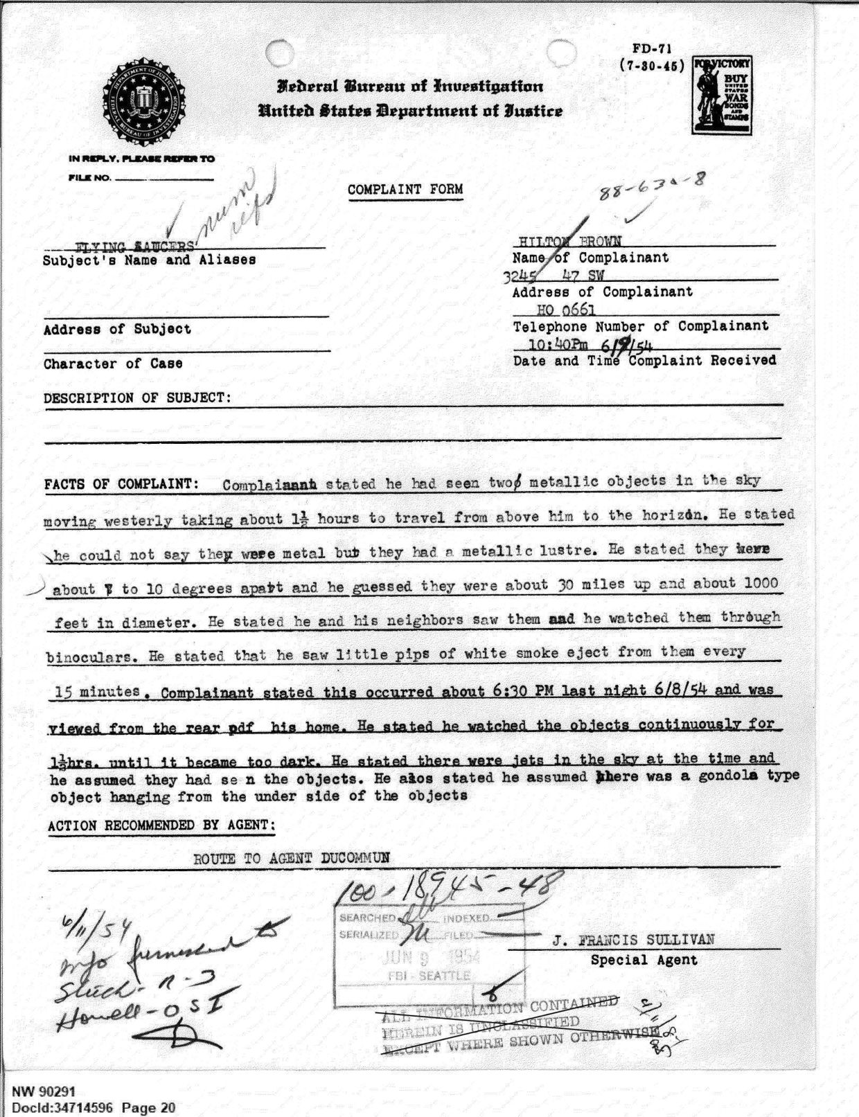 FBI-UAP-D013 WA-UFO-Investigation 1952-1960 — page 20