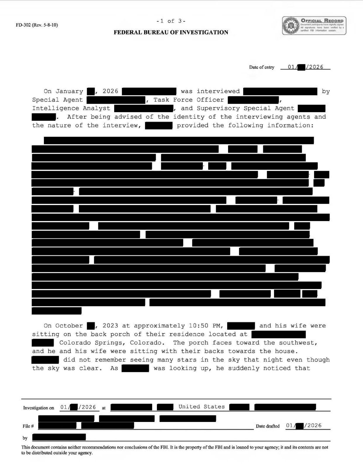 FBI-UAP-D026 FD-302 Dark-Translucent-Triangle 2023 — page 1
