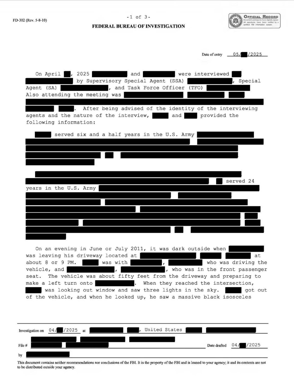 FBI-UAP-D028 FD-302 Dark-Triangle-with-Lights 2011 — page 1