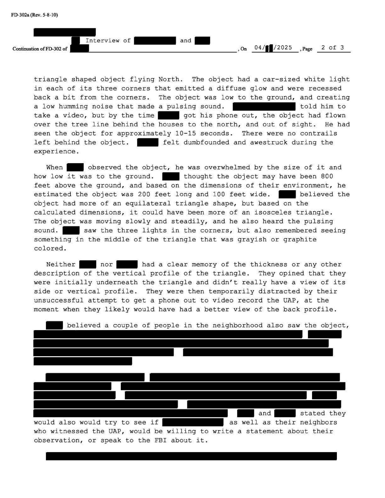 FBI-UAP-D028 FD-302 Dark-Triangle-with-Lights 2011 — page 2