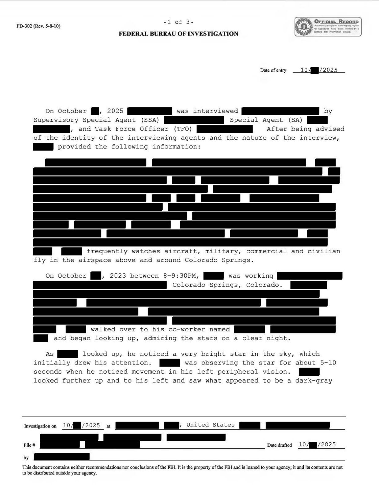 FBI-UAP-D030 FD-302 Large-Triangle-with-Red-Lights 2023 — page 1