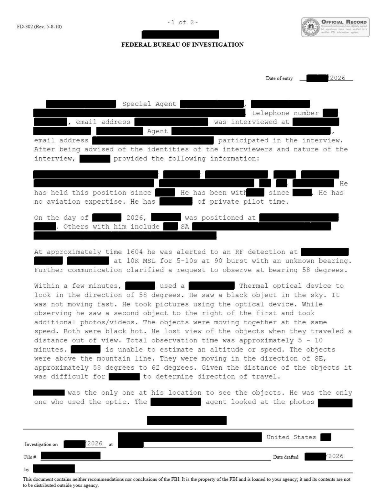 FBI-UAP-D032 FD-302 Slow-moving-Objects 2026 — page 1