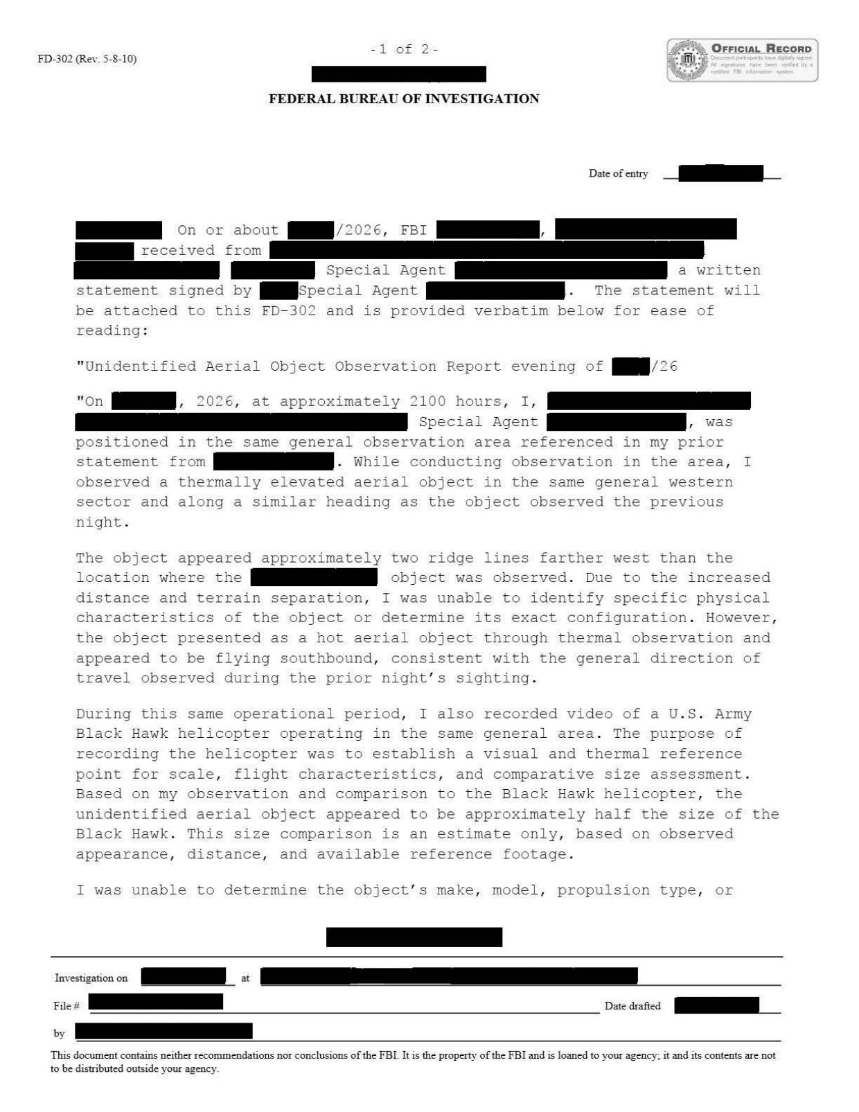 FBI-UAP-D033 FD-302 Thermally-Elevated-Aerial-Object 2026 — page 1
