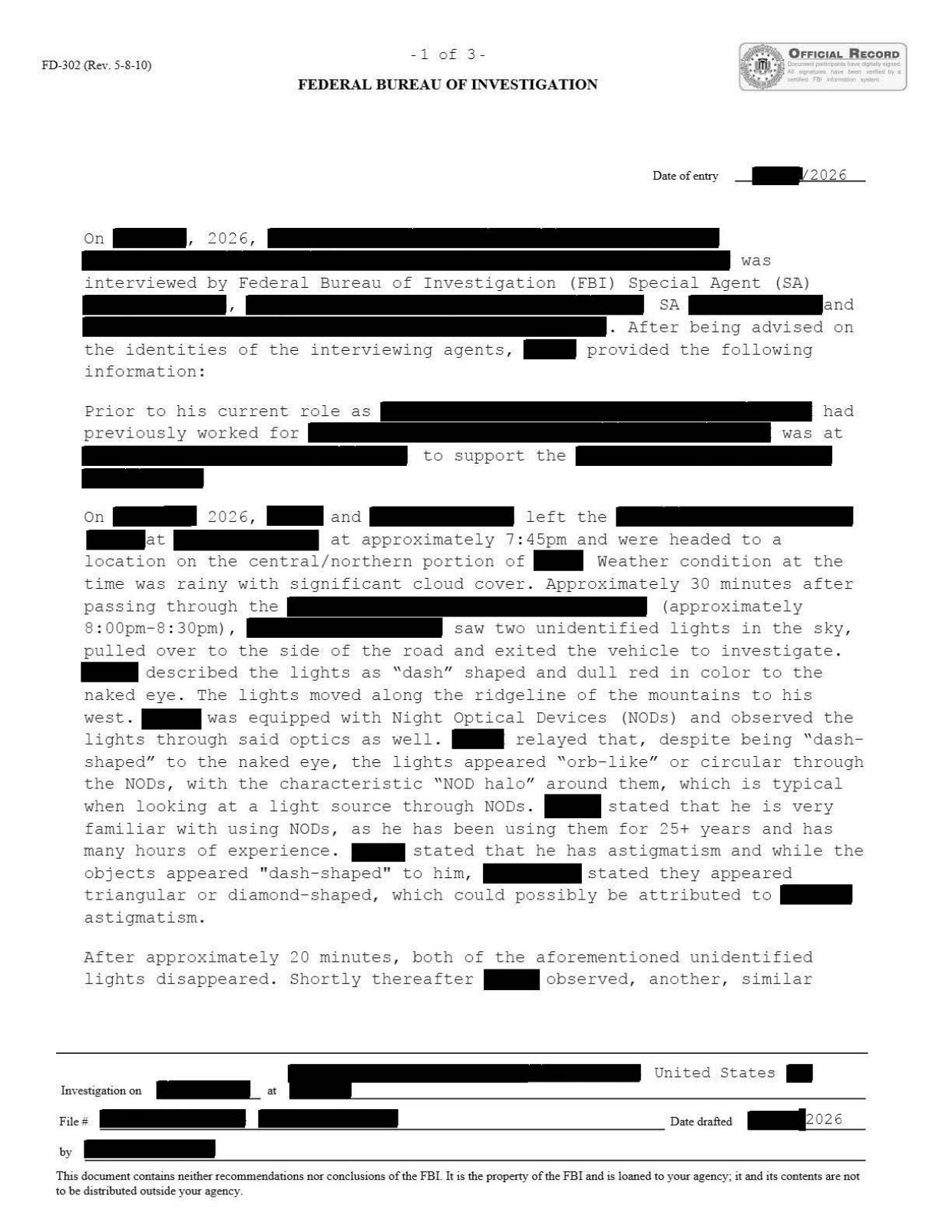 FBI-UAP-D037 FD-302 Multiple-Red-Lights 2026 — page 1