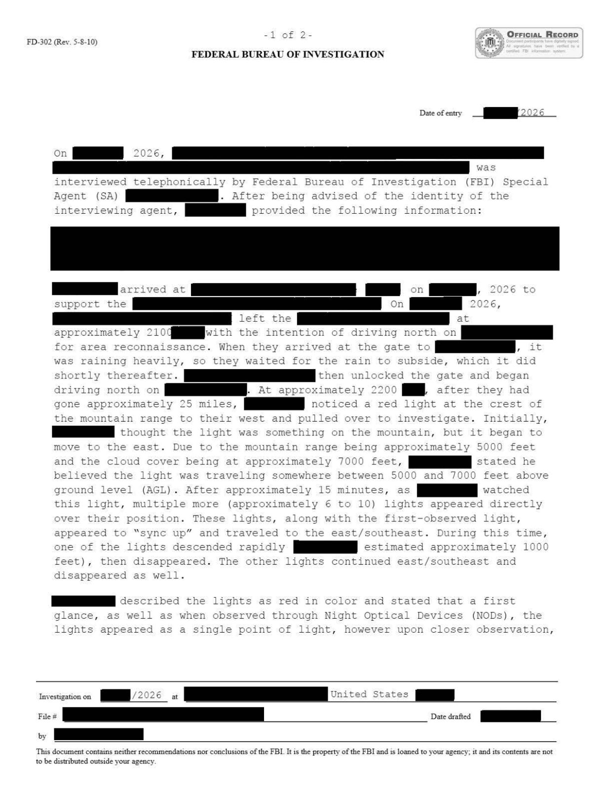 FBI-UAP-D040 FD-302 Multiple-Red-Lights 2026 — page 1