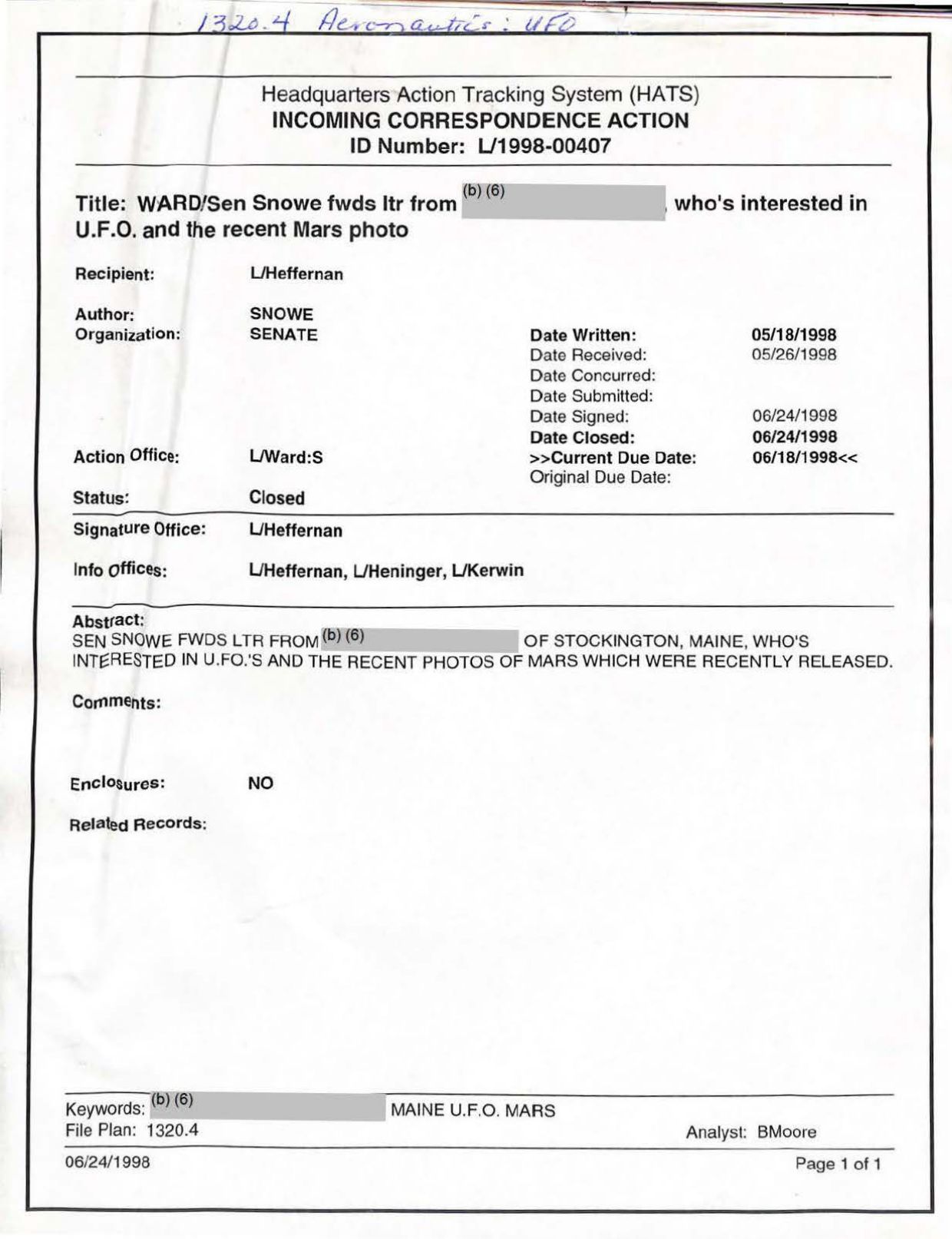 USG-UAP-D001 Congress-WhiteHouse-UFO-Correspondence 1998 — page 2