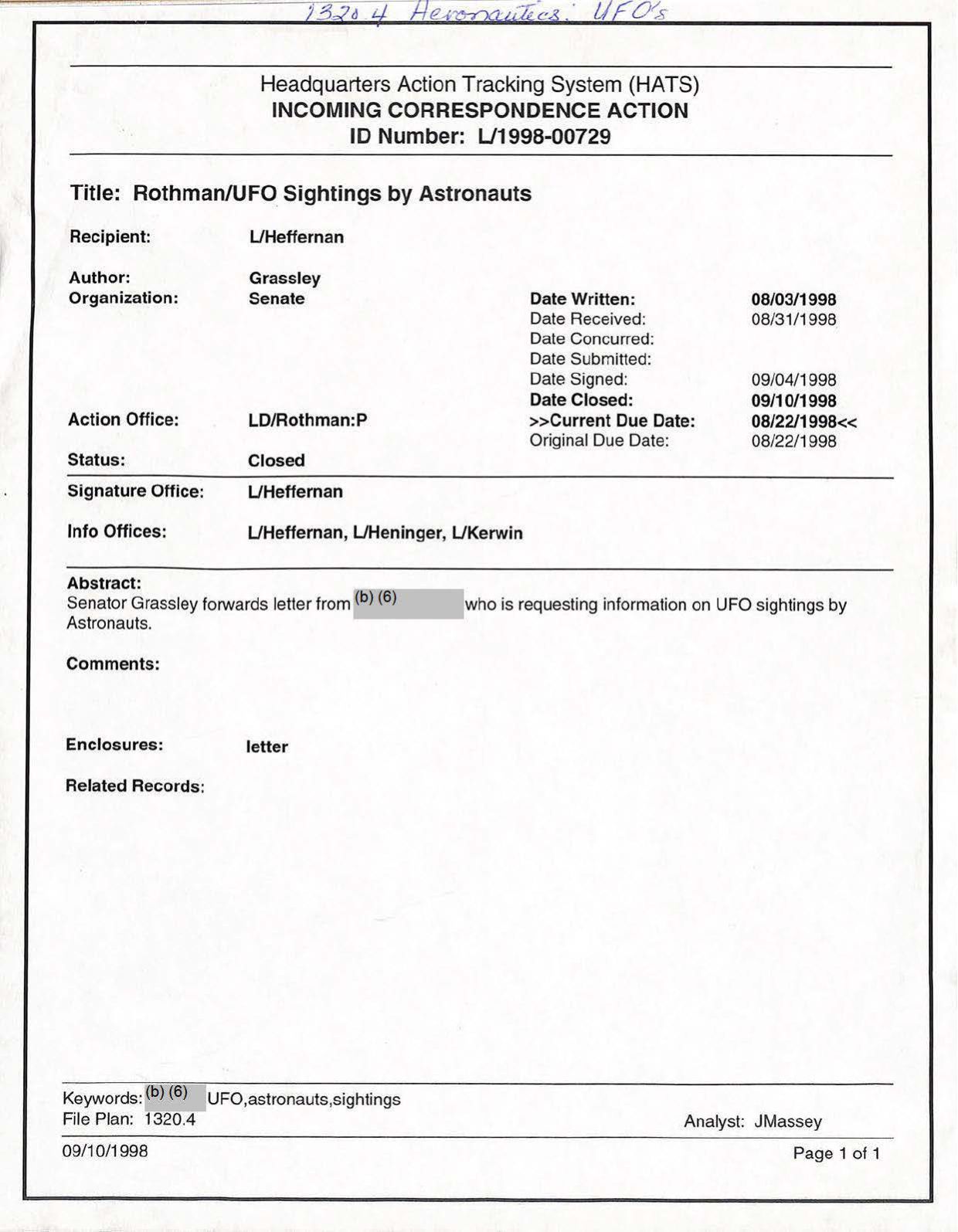USG-UAP-D001 Congress-WhiteHouse-UFO-Correspondence 1998 — page 3