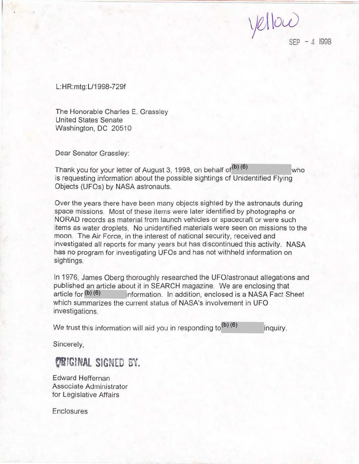 USG-UAP-D001 Congress-WhiteHouse-UFO-Correspondence 1998 — page 4