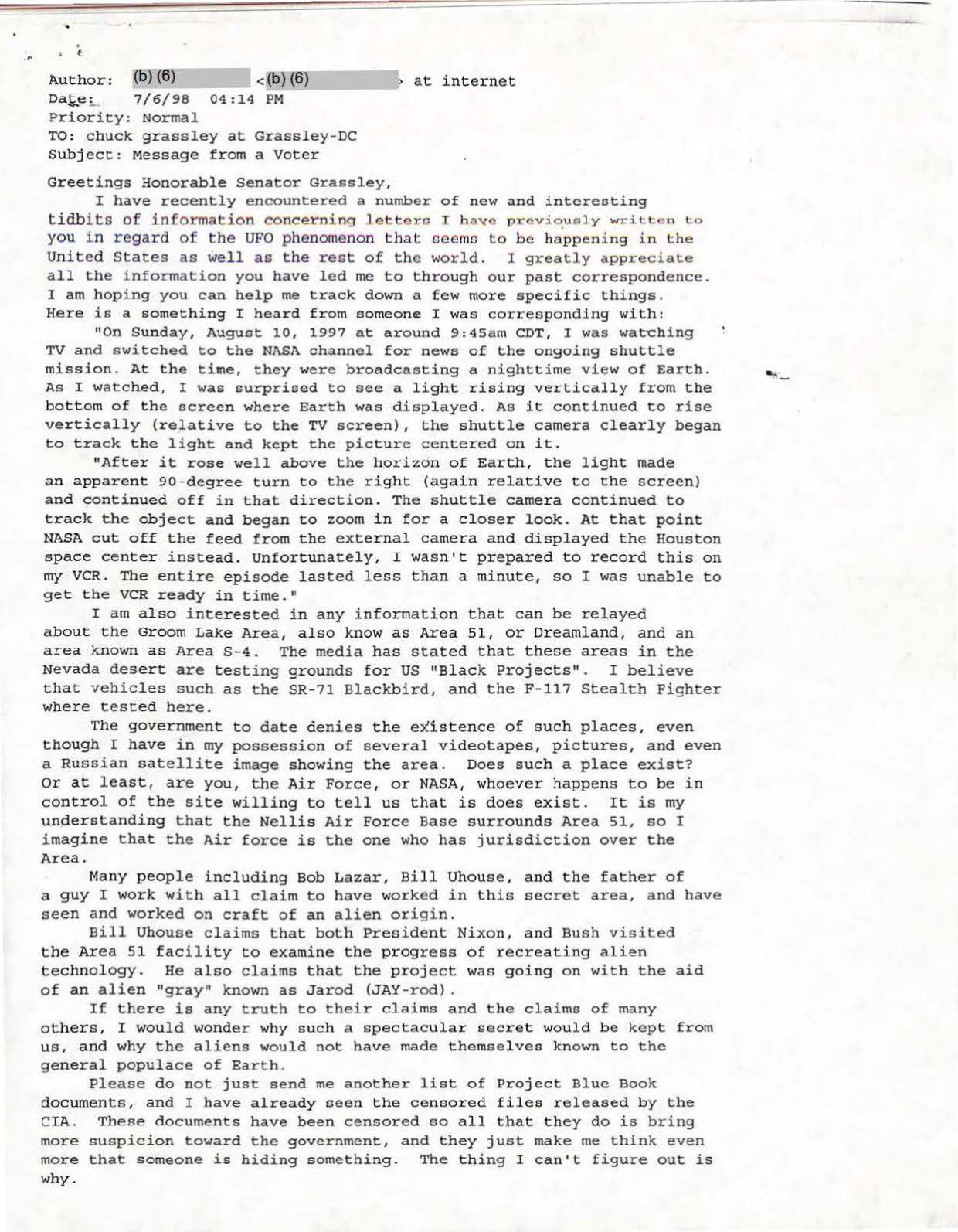 USG-UAP-D001 Congress-WhiteHouse-UFO-Correspondence 1998 — page 33