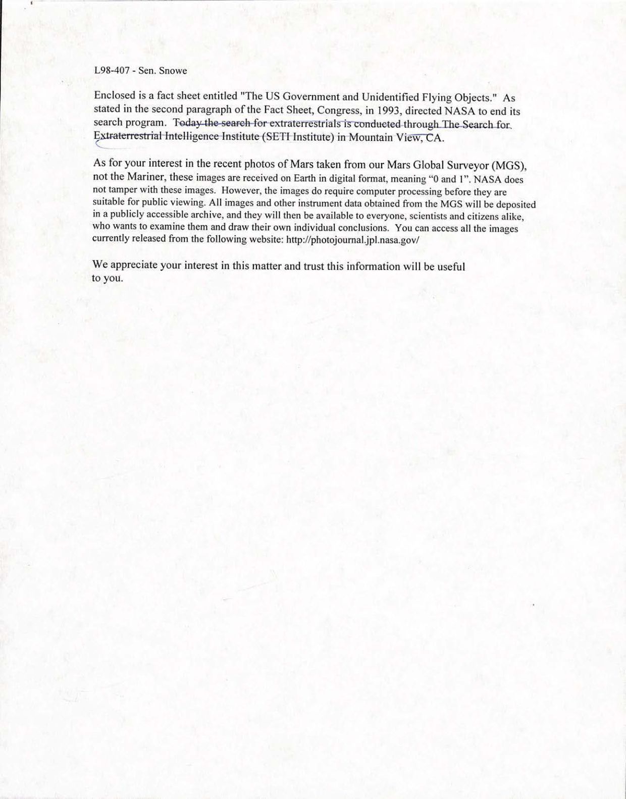 USG-UAP-D001 Congress-WhiteHouse-UFO-Correspondence 1998 — page 43
