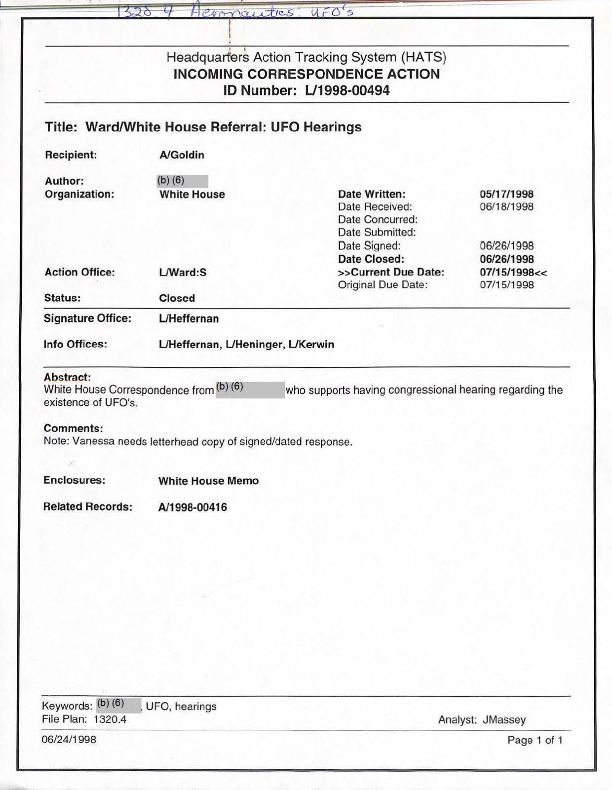 USG-UAP-D001 Congress-WhiteHouse-UFO-Correspondence 1998 — page 50
