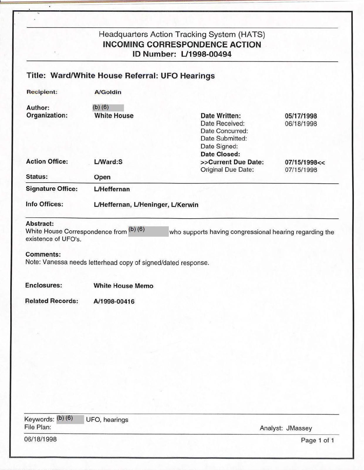 USG-UAP-D001 Congress-WhiteHouse-UFO-Correspondence 1998 — page 57