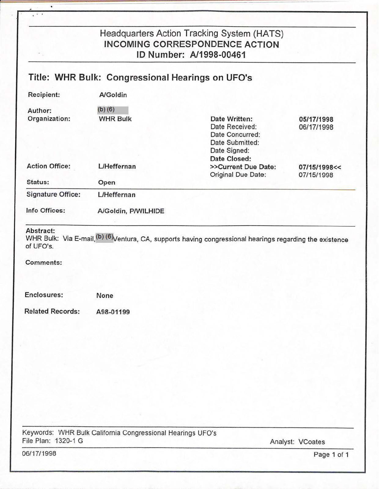 USG-UAP-D001 Congress-WhiteHouse-UFO-Correspondence 1998 — page 59