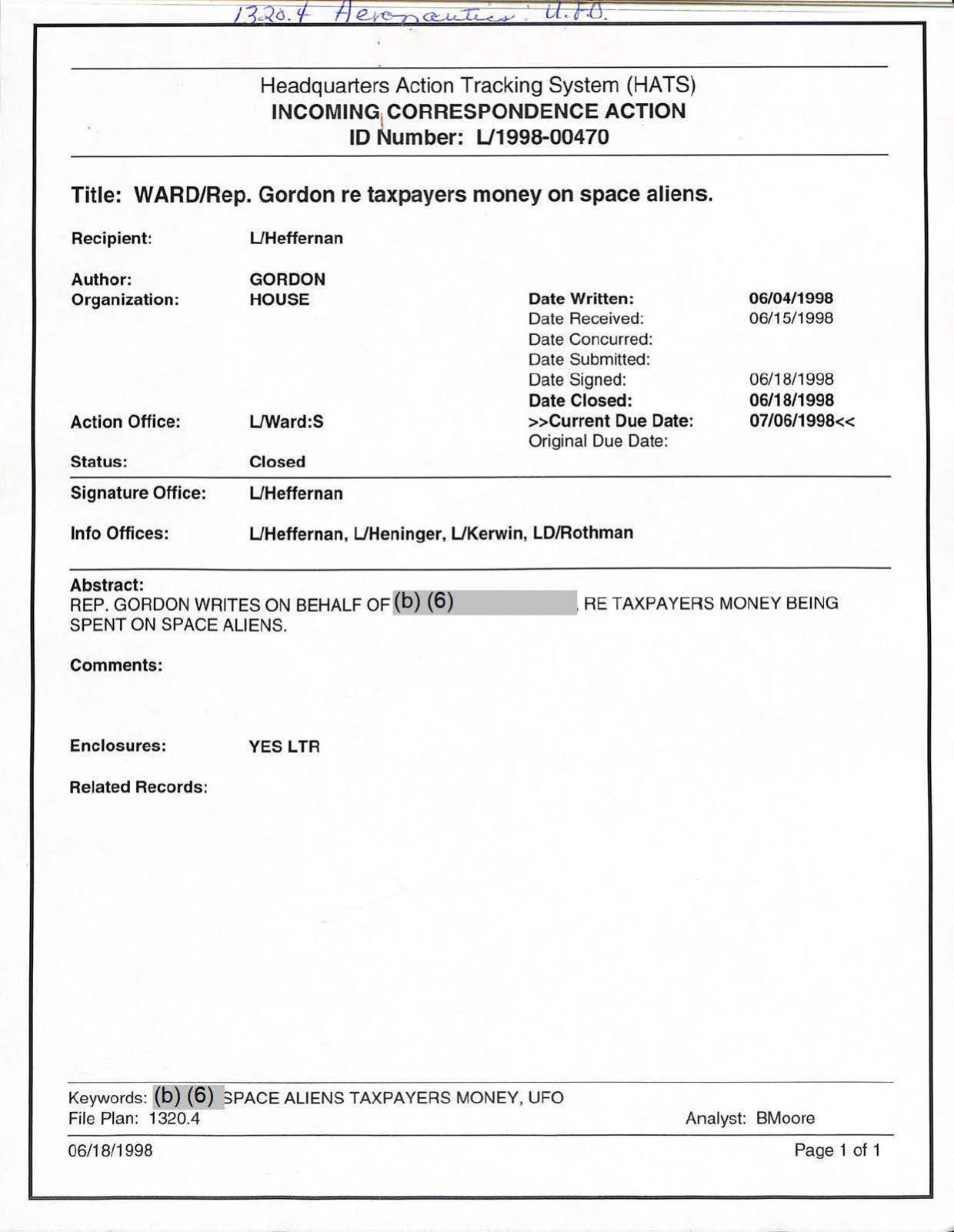 USG-UAP-D001 Congress-WhiteHouse-UFO-Correspondence 1998 — page 60