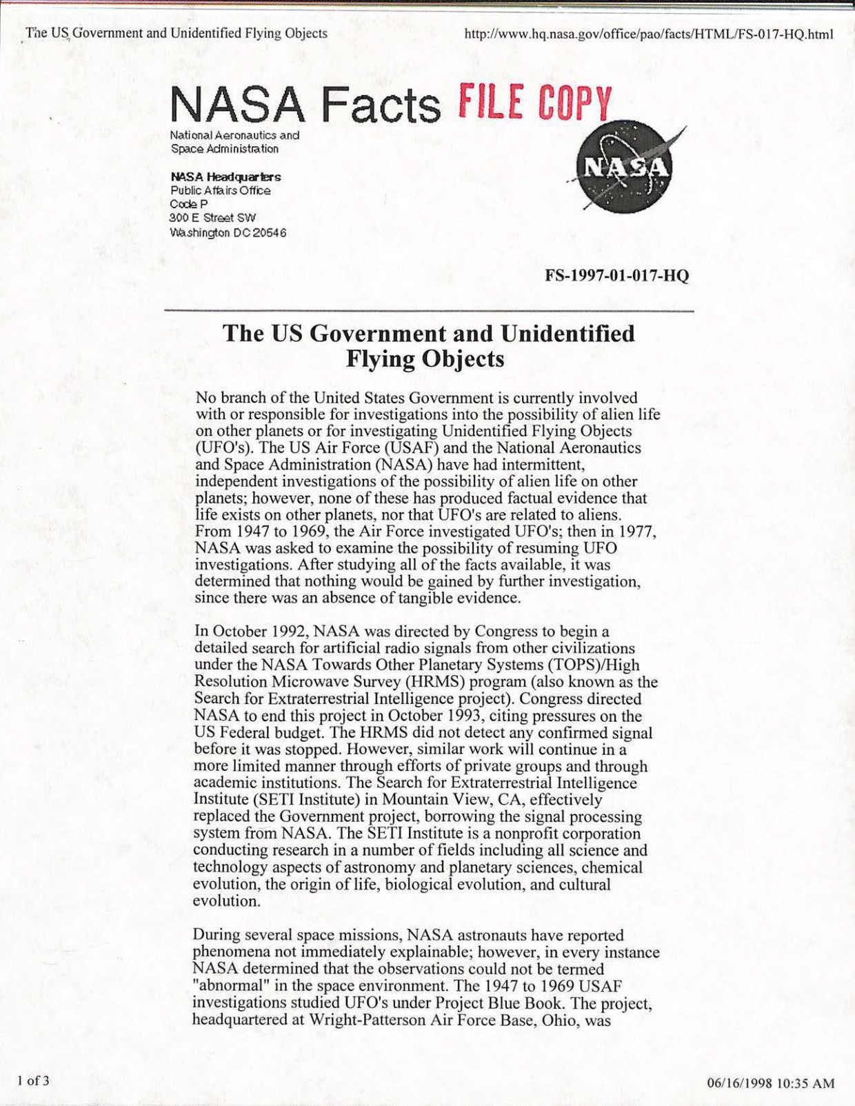 USG-UAP-D001 Congress-WhiteHouse-UFO-Correspondence 1998 — page 65