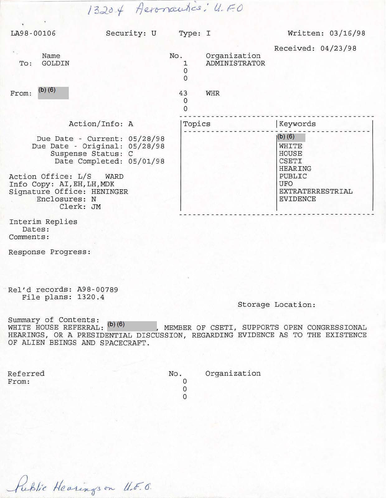 USG-UAP-D001 Congress-WhiteHouse-UFO-Correspondence 1998 — page 70