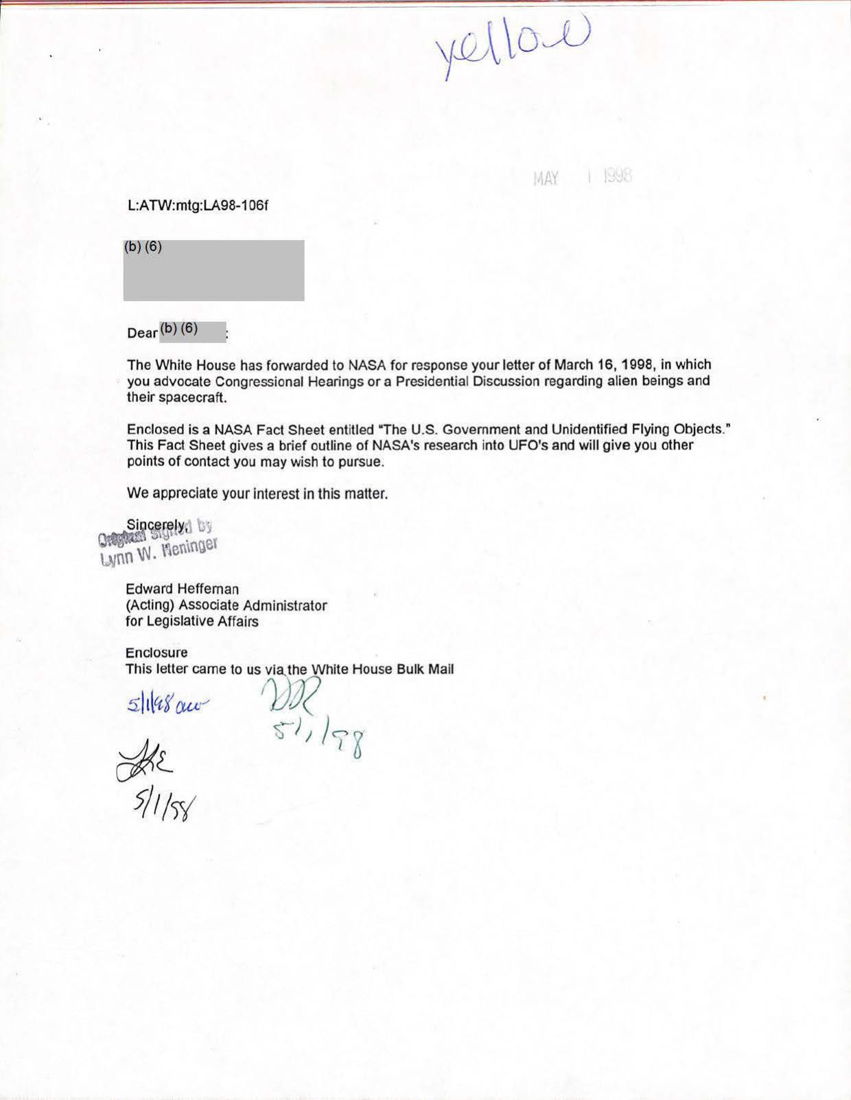 USG-UAP-D001 Congress-WhiteHouse-UFO-Correspondence 1998 — page 71