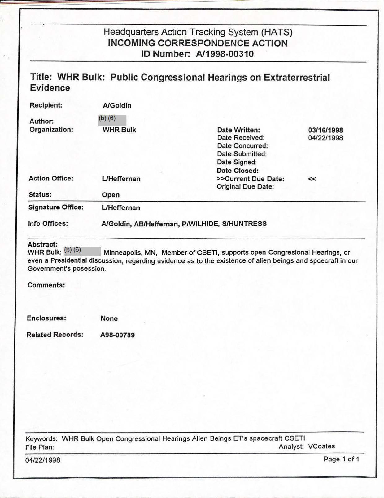 USG-UAP-D001 Congress-WhiteHouse-UFO-Correspondence 1998 — page 73
