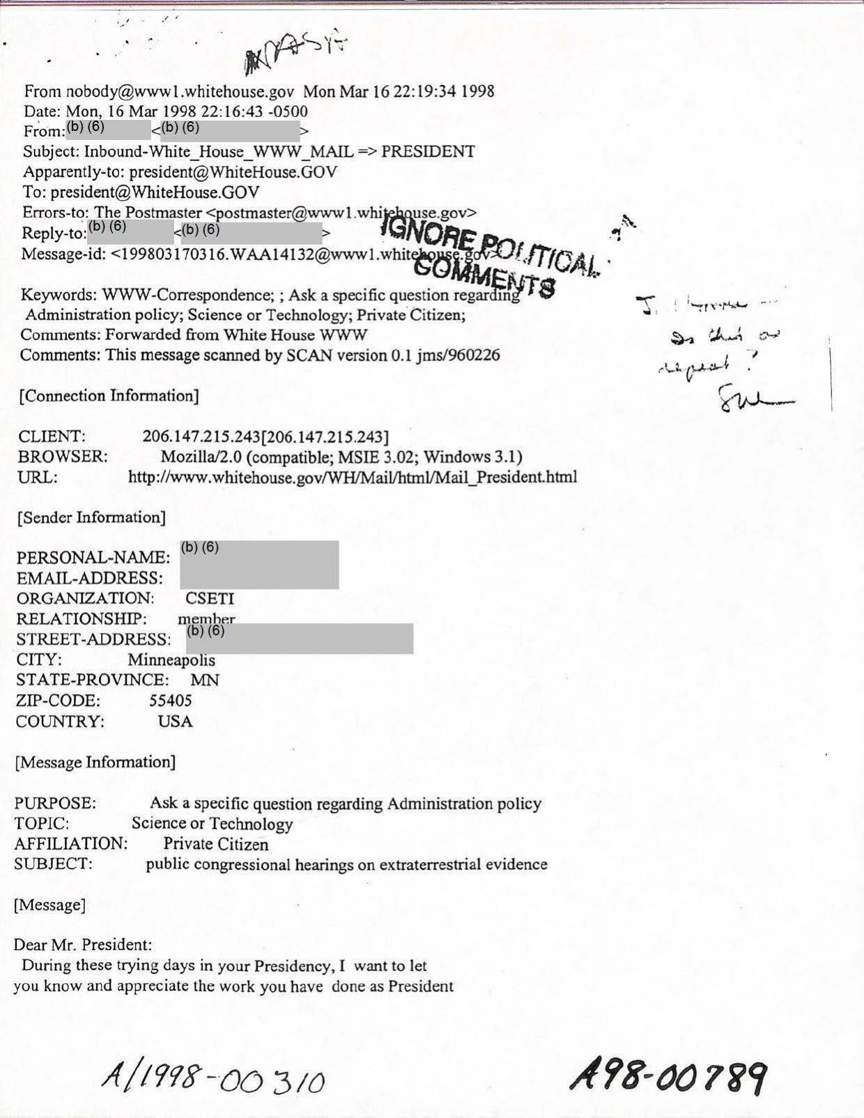 USG-UAP-D001 Congress-WhiteHouse-UFO-Correspondence 1998 — page 74