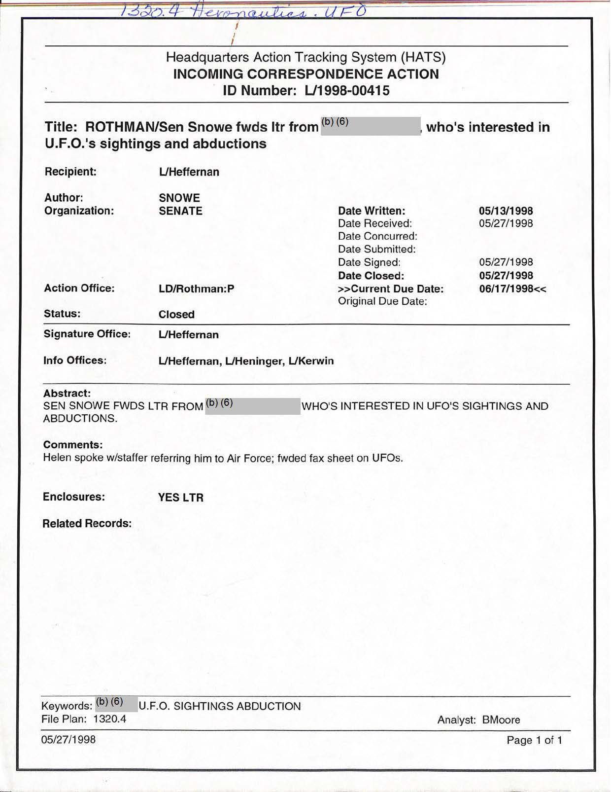 USG-UAP-D001 Congress-WhiteHouse-UFO-Correspondence 1998 — page 78