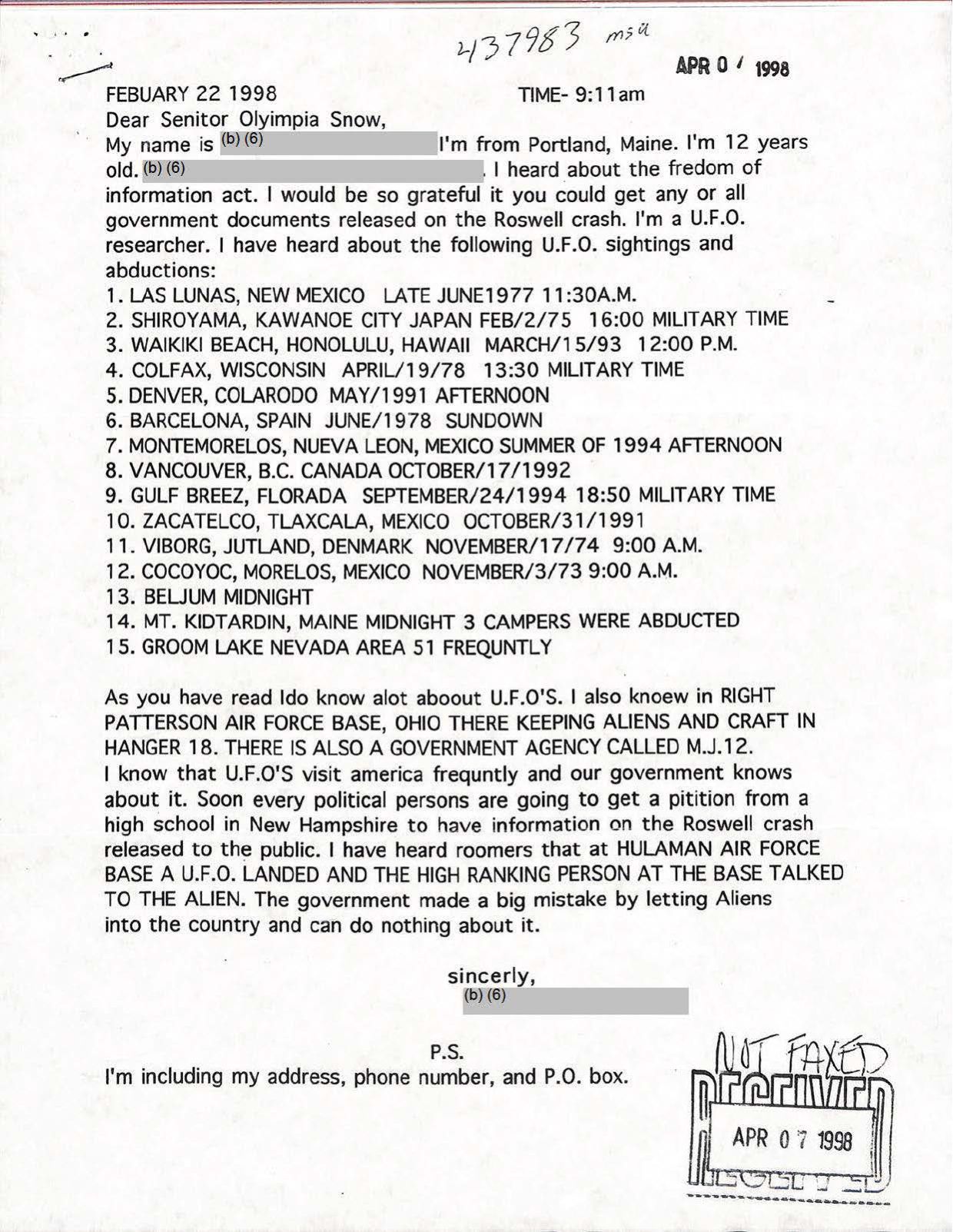 USG-UAP-D001 Congress-WhiteHouse-UFO-Correspondence 1998 — page 85