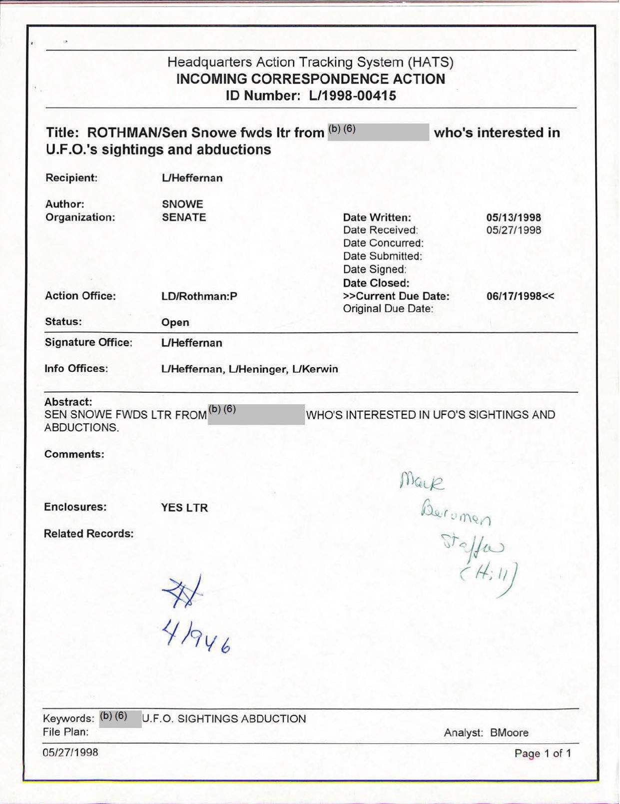 USG-UAP-D001 Congress-WhiteHouse-UFO-Correspondence 1998 — page 86